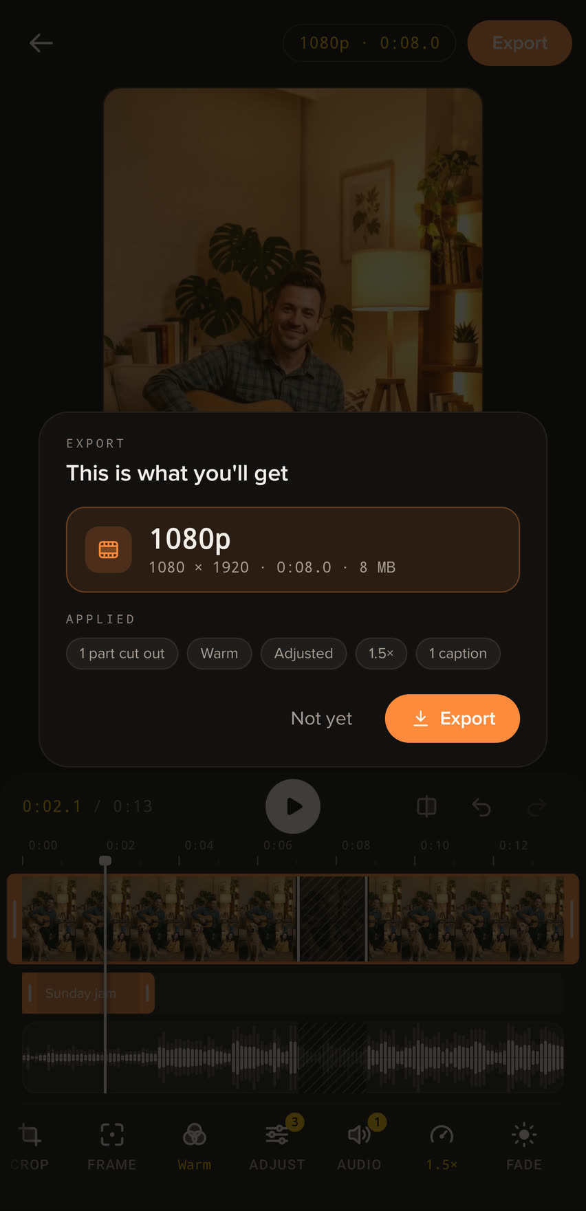 The export summary, This is what you'll get: 1080p, 1080 by 1920, eight seconds, 8 MB, with the changes applied listed below: one part cut out, Warm, Adjusted, 1.5 times and one caption.