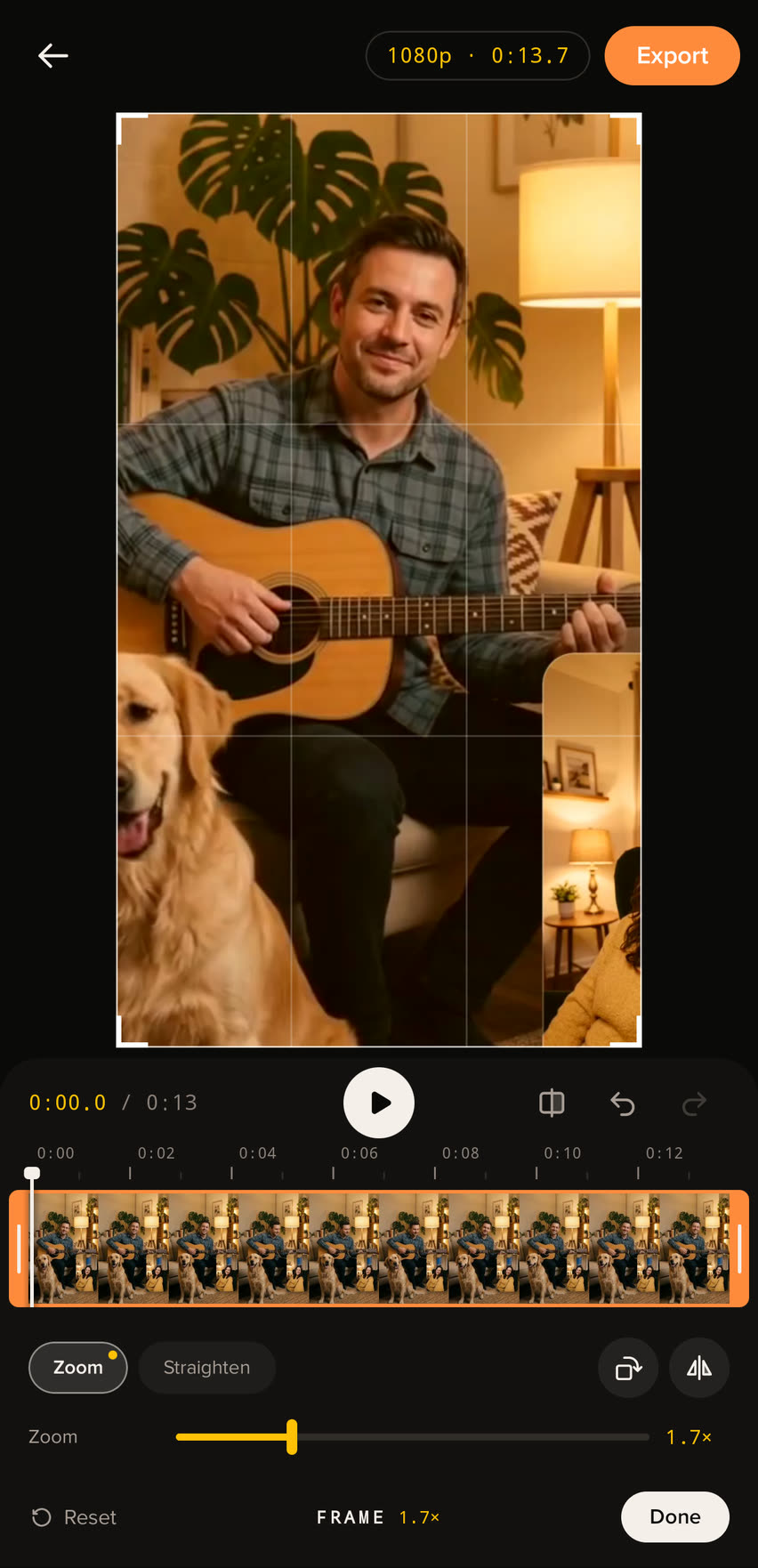 The Frame tool zoomed to 1.7 times, closer on the guitar player.