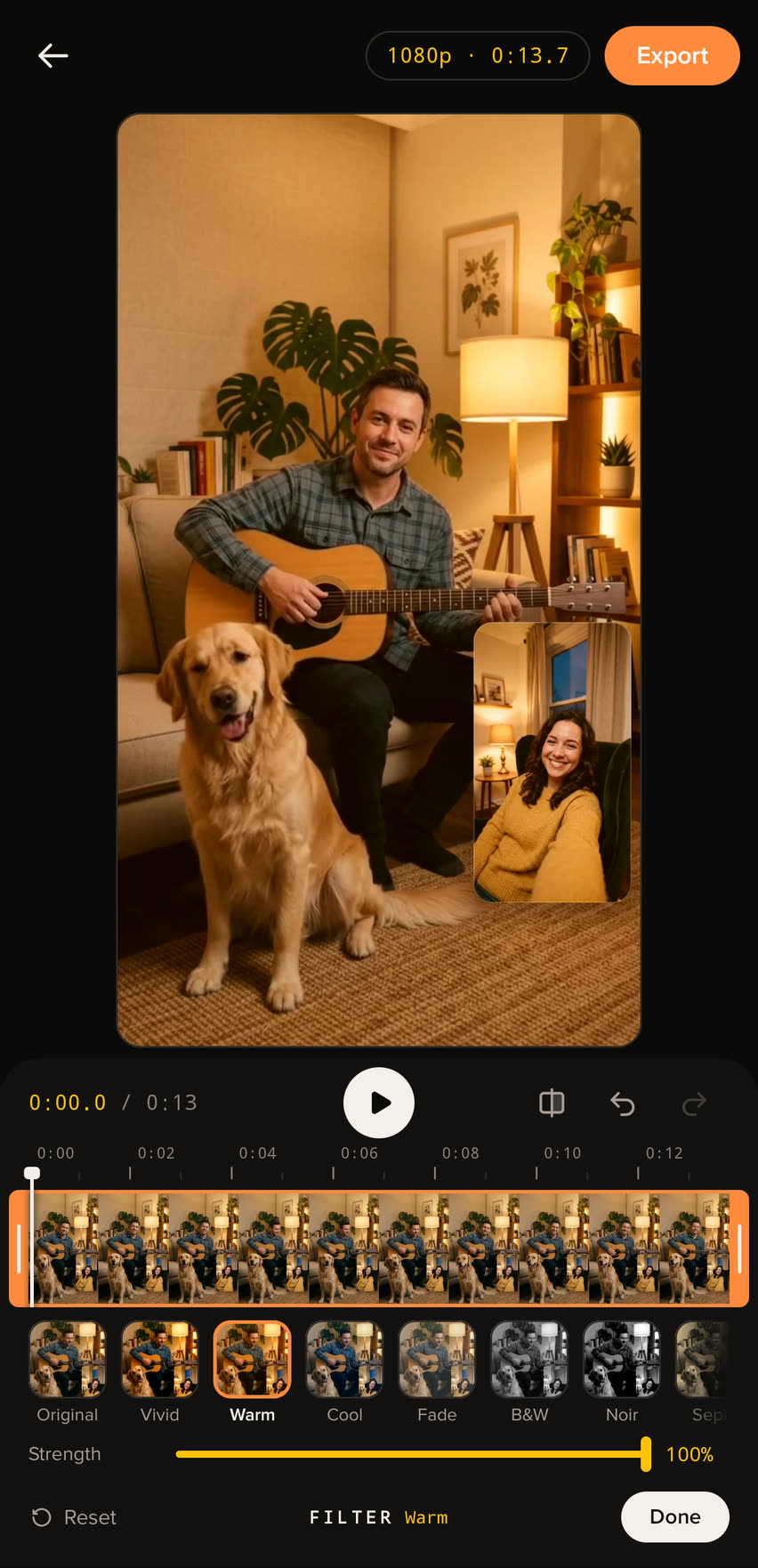 The Filter tool with the Warm look picked from a row of looks, and its strength at 100 percent.