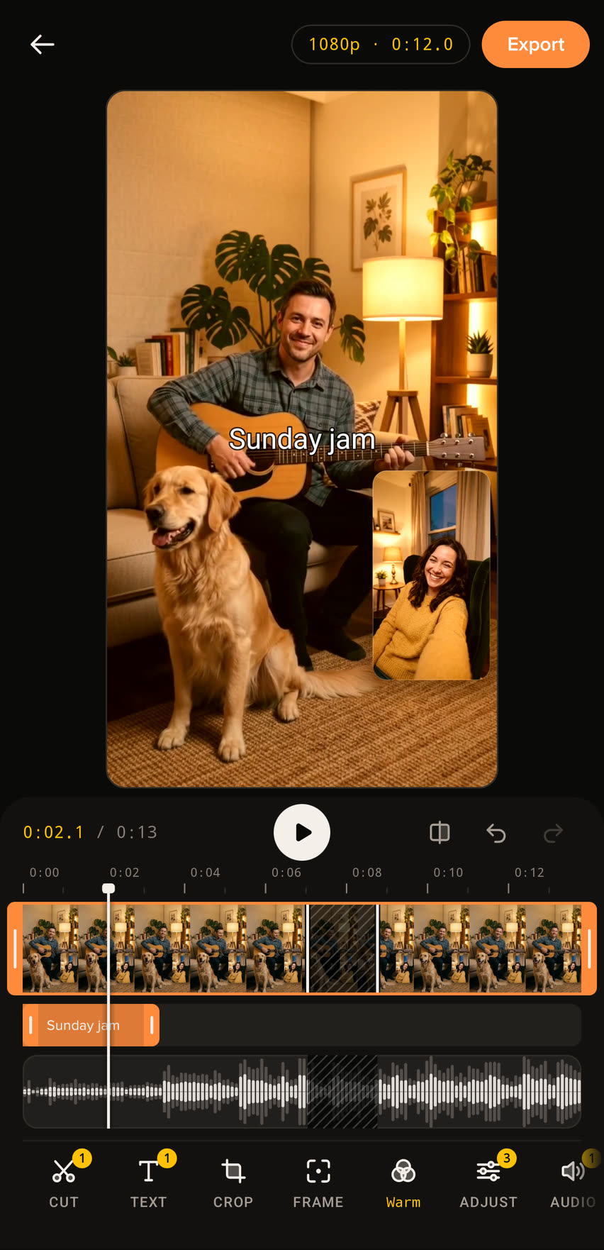 A caption, Sunday jam, over the picture, with its block on the timeline above the sound waveform.