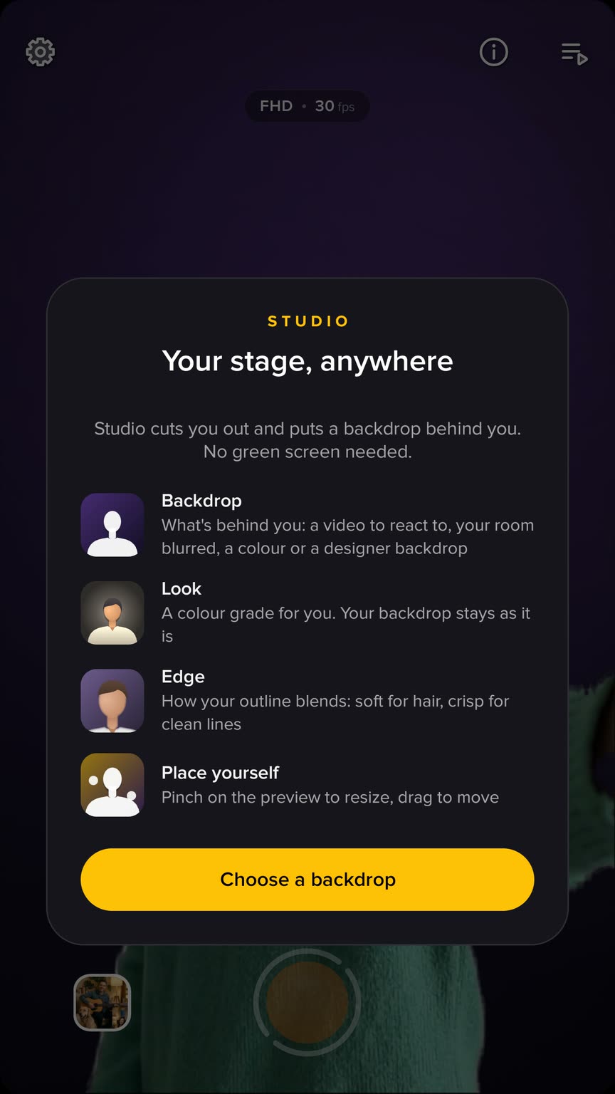The Studio introduction: Your stage, anywhere. Backdrop, Look, Edge and Place yourself, with Choose a backdrop below.