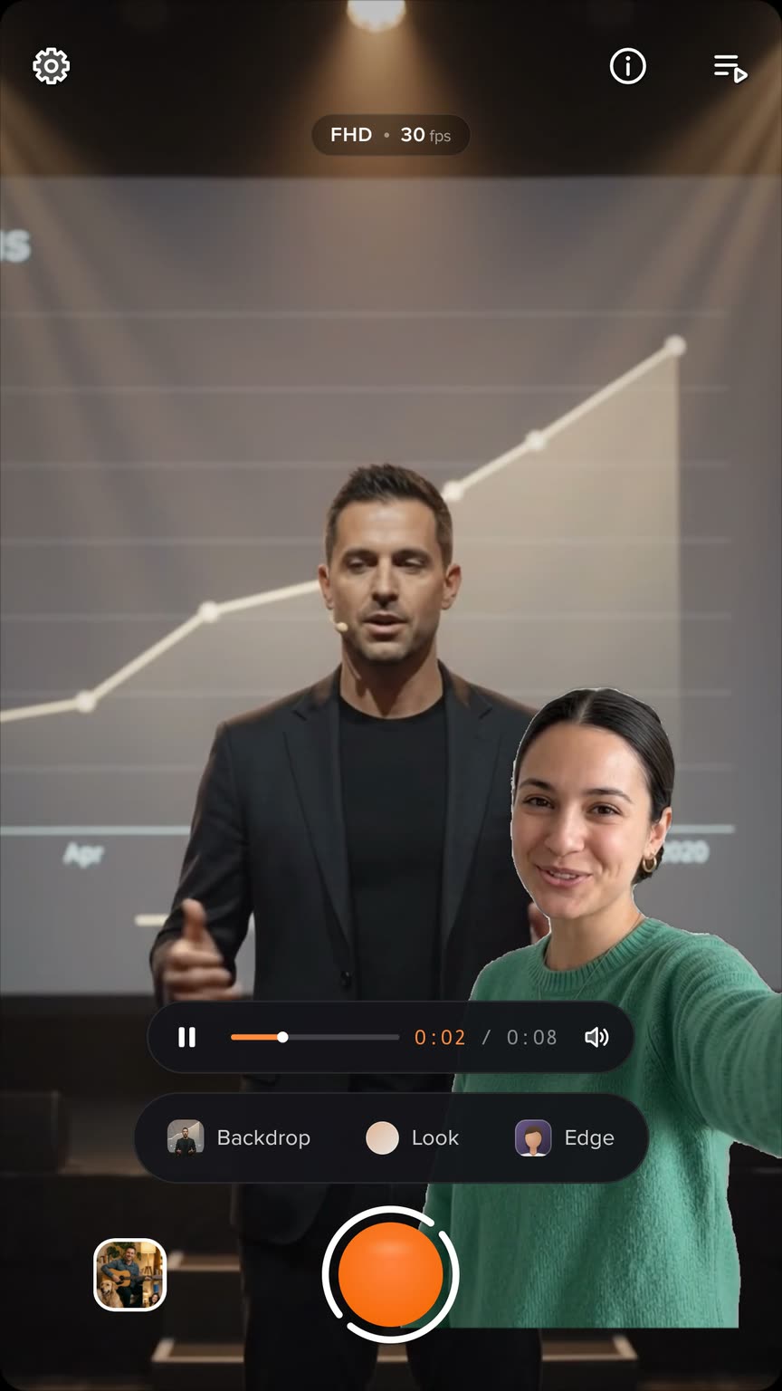Studio with a video as the backdrop: a keynote speaker on a conference stage, a rising chart behind him, plays behind the presenter, who smiles over it, with the player bar running.