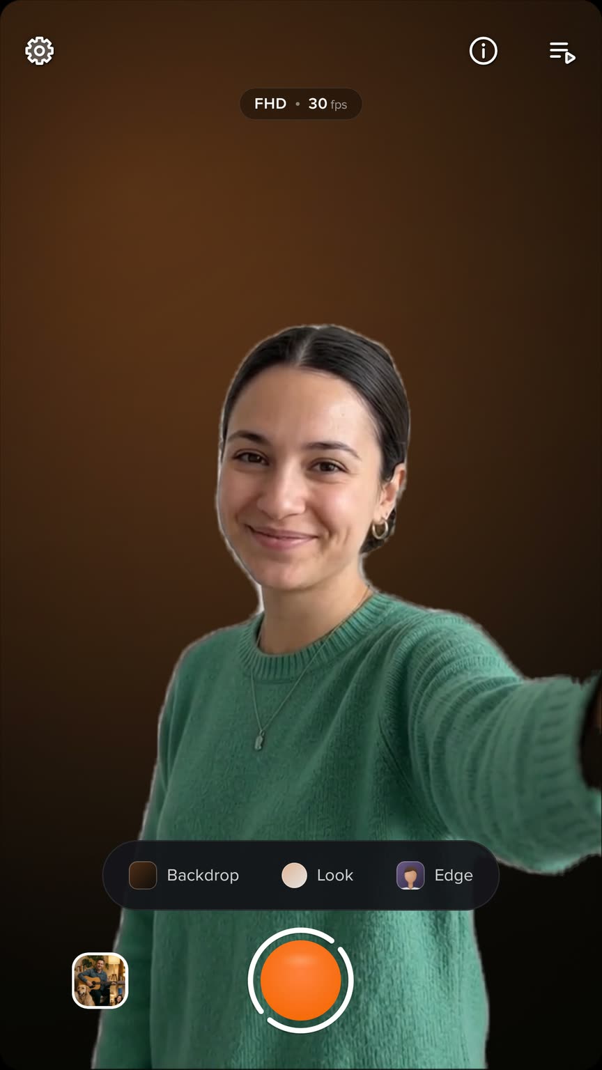 The presenter cut out and placed in front of the Ember stage, a warm brown backdrop.
