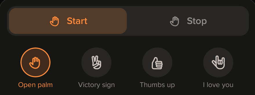 The pose picker in Settings: Start and Stop, with Open palm picked and Victory sign, Thumbs up and I love you beside it.