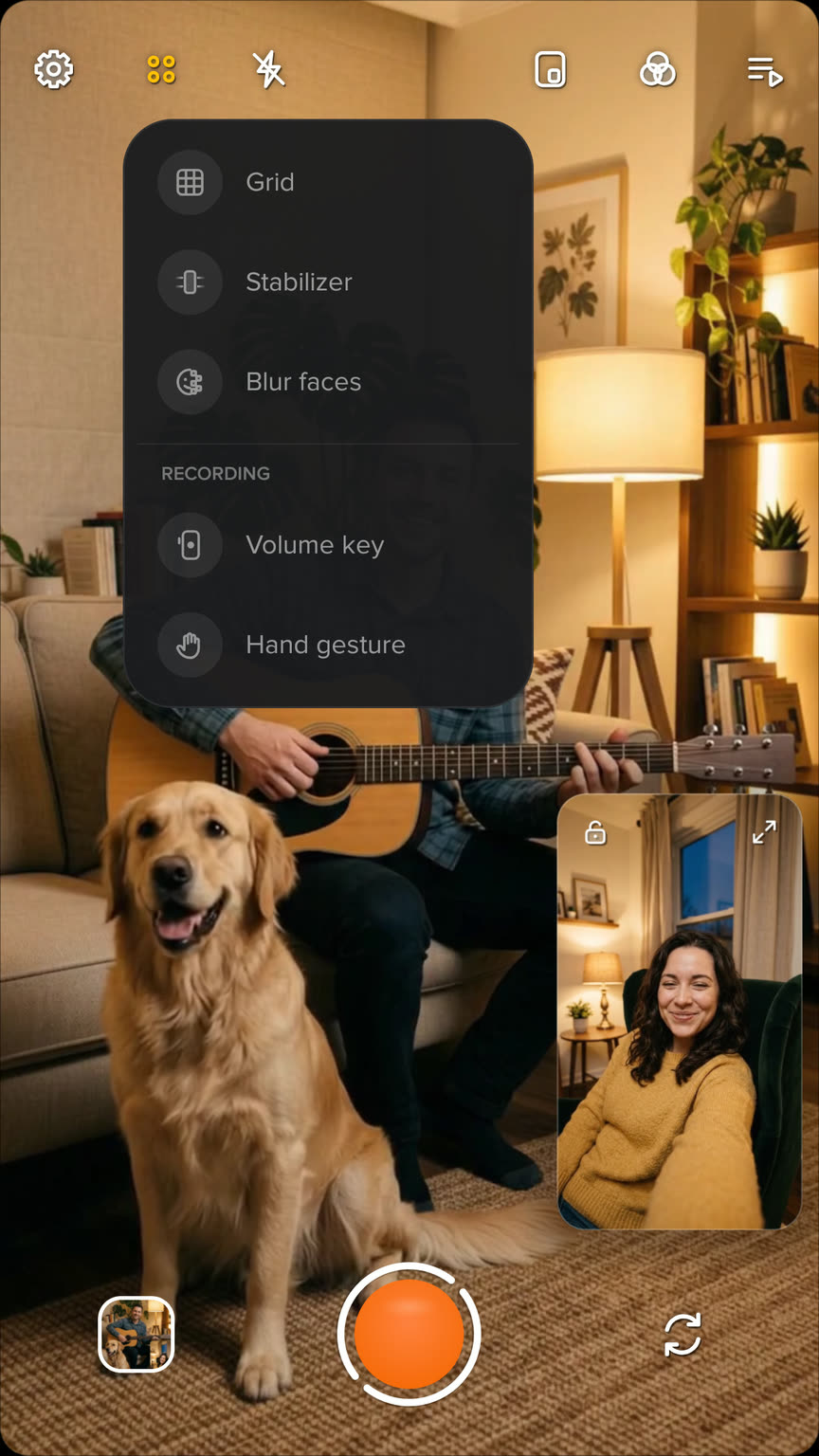The quick settings panel over picture in picture: Grid, Stabilizer, Blur faces, and under Recording, Volume key and Hand gesture.