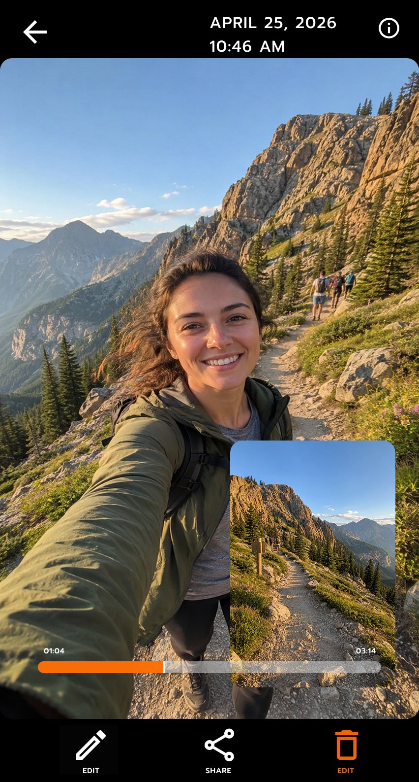 A recorded hike playing back in the UnKover gallery, with edit, share and delete controls below the frame.