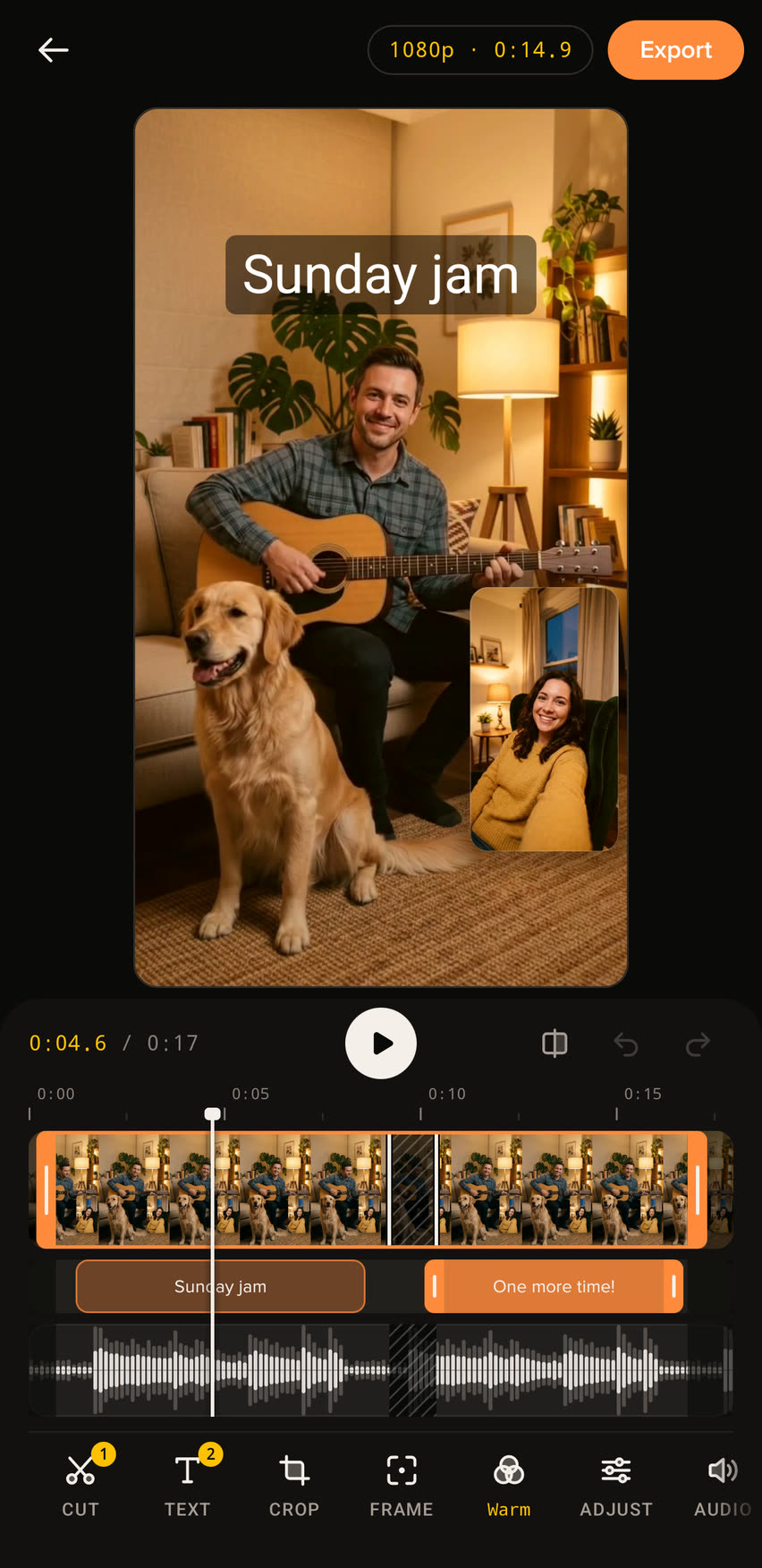The UnKover editor: a dual-camera clip of a man playing guitar with his dog, the caption Sunday jam over it, and the timeline below with trim grips, a part cut out, two caption blocks and the sound waveform.