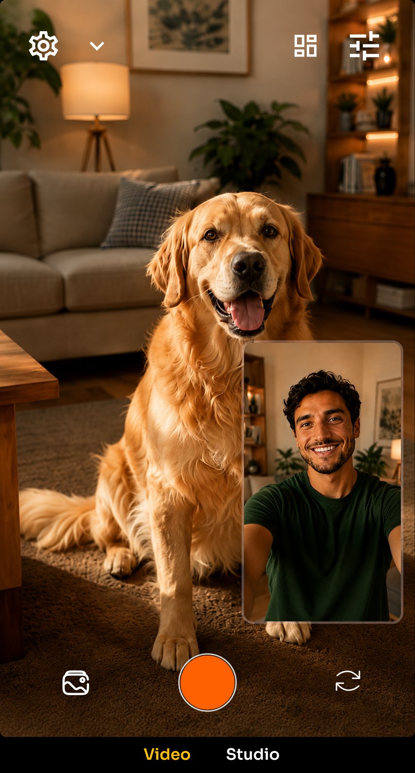 The UnKover viewfinder recording a dog in a living room, with the front camera inset in the lower corner.