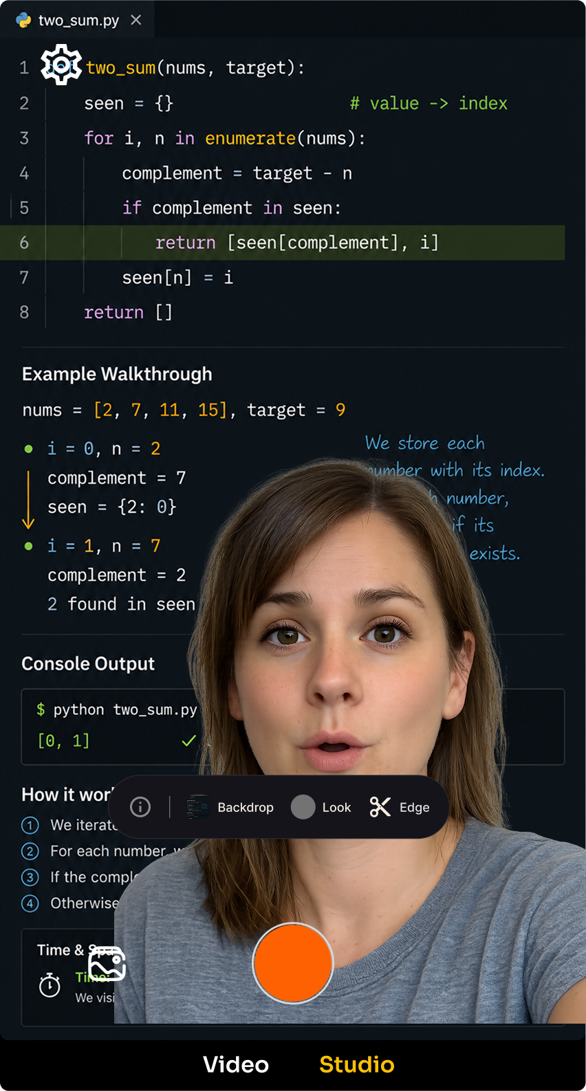 Studio mode cutting a presenter out of her room and placing her over a code editor backdrop.